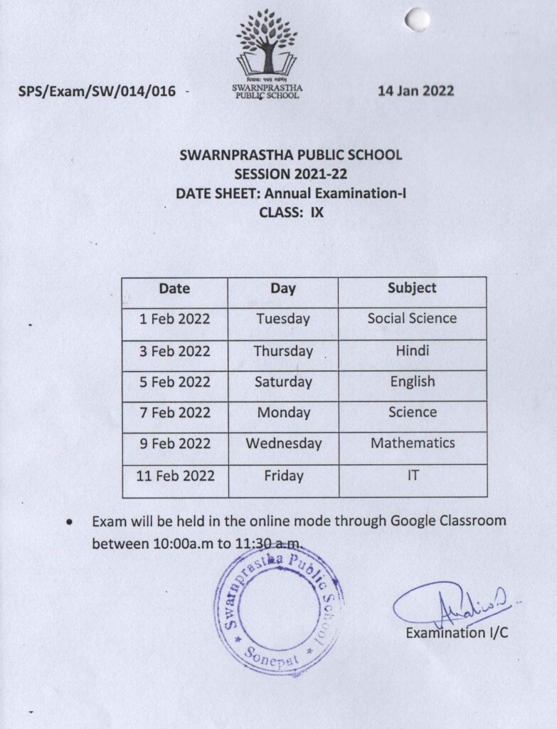 Datesheets Swarnprastha Public School