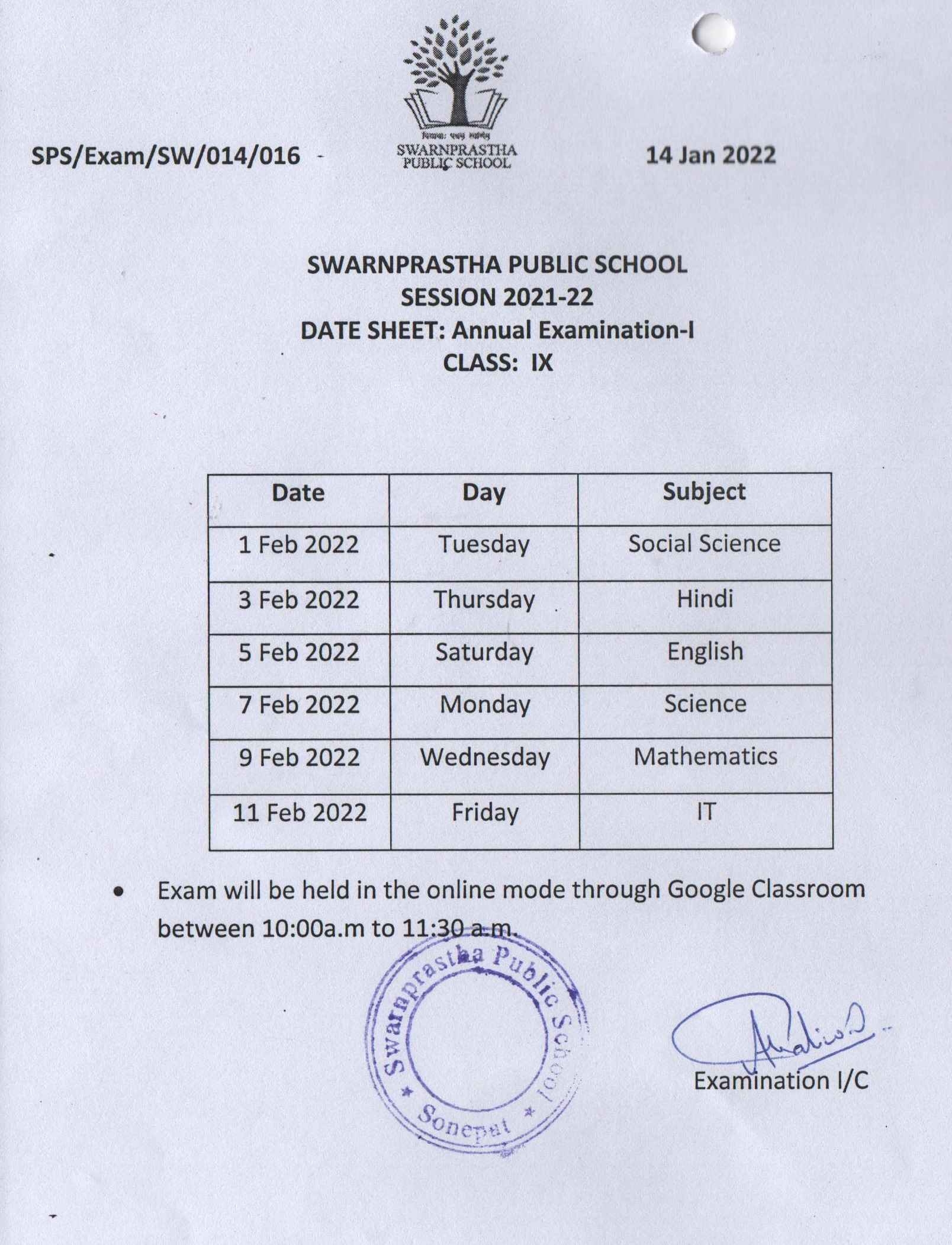 Datesheets Swarnprastha Public School