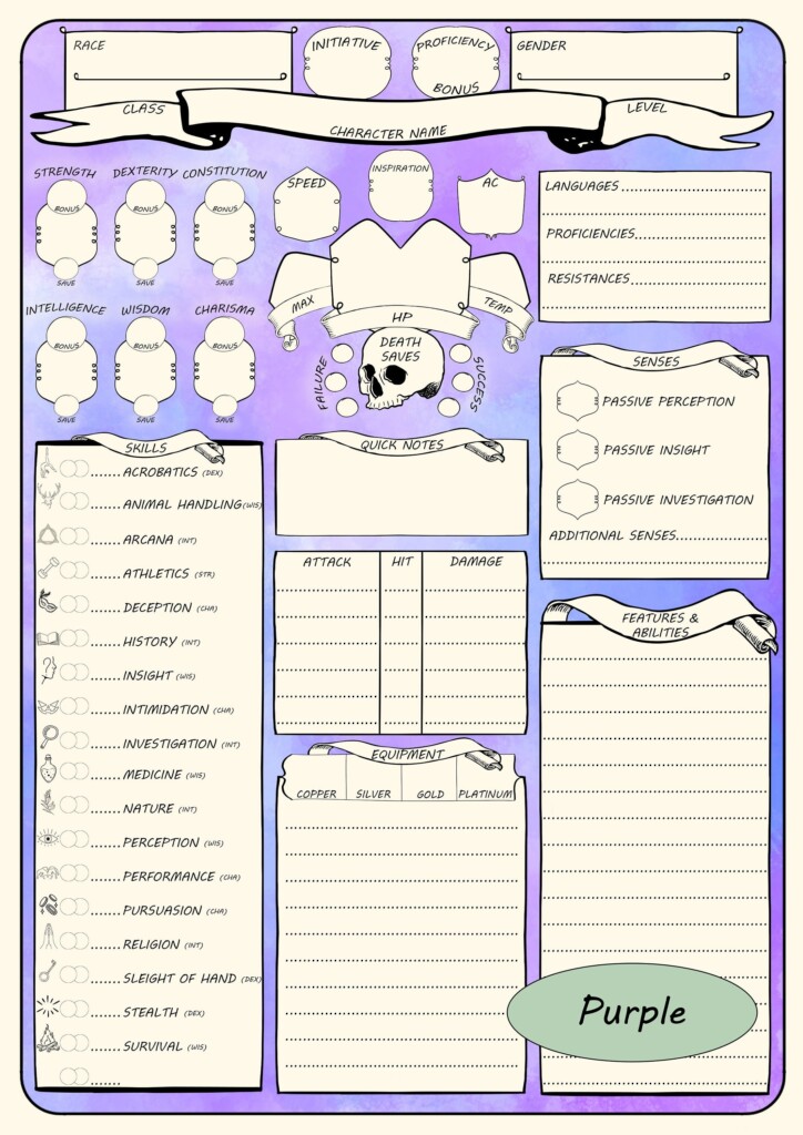 DND 5e Character Sheets Purple Fillable PDF Etsy