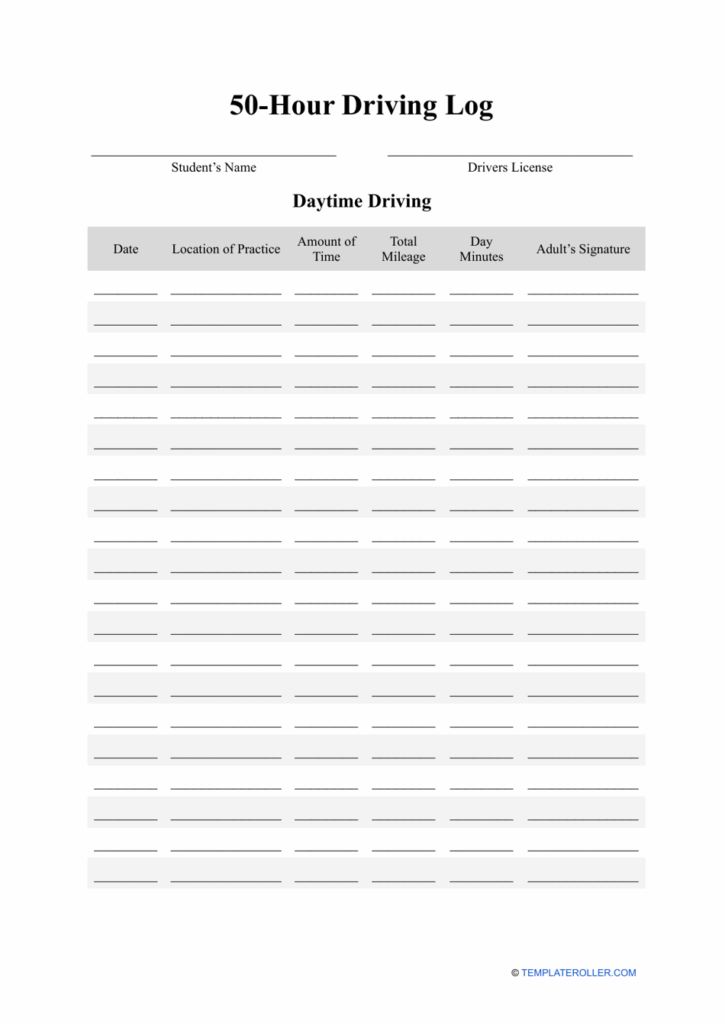Driving Log Sheet Template