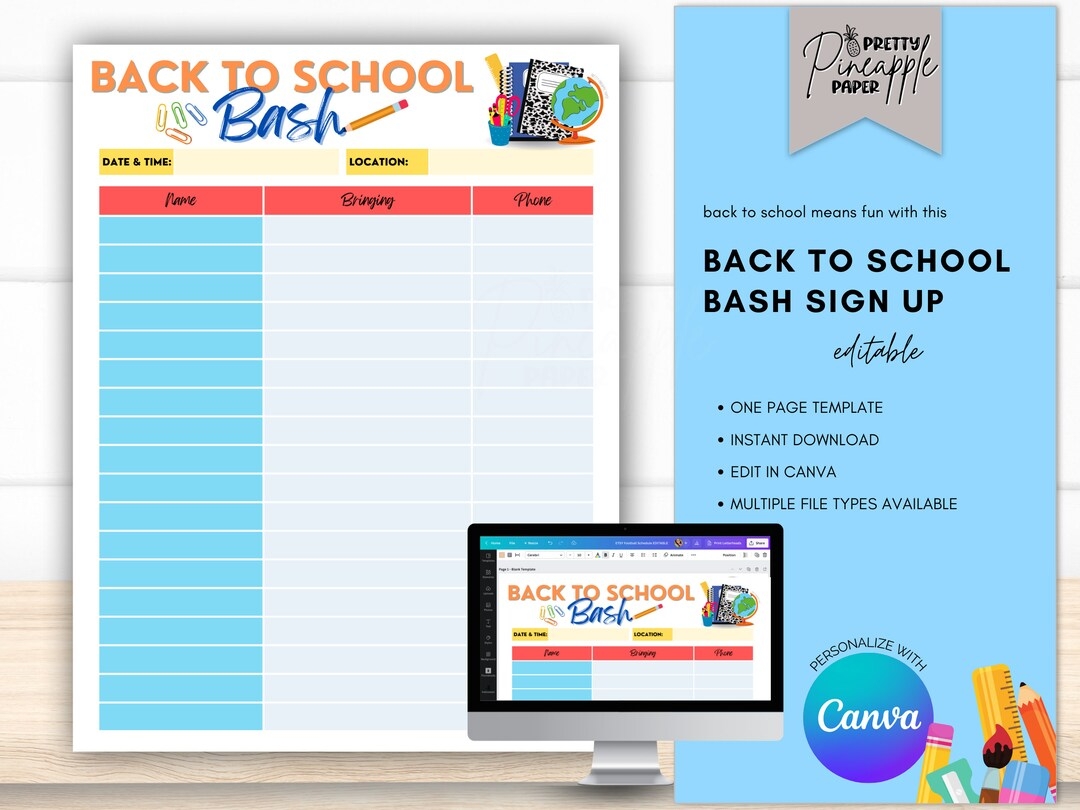 Editable Back To School Bash Sign Up Sheet Instant Digital Download