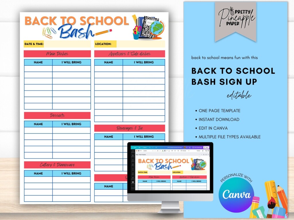 Editable Back To School Bash Sign Up Sheet Instant Digital Download 