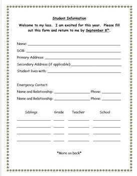 Editable Back To School Student Information Sheet By 3rd Grade Stars