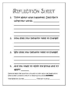 Elementary Behavior Student Reflection Sheet TpT