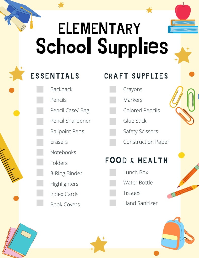 Elementary School Supplies List Back To School Supplies Printable 