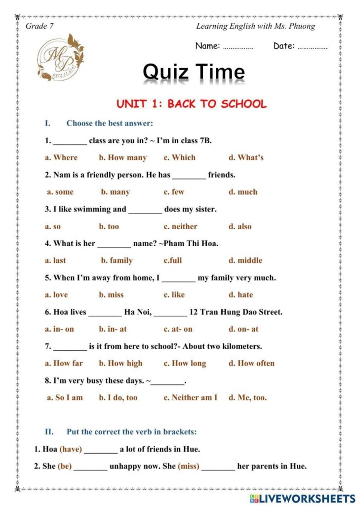 English 7 Unit 1 Back To School Worksheet Live Worksheets 