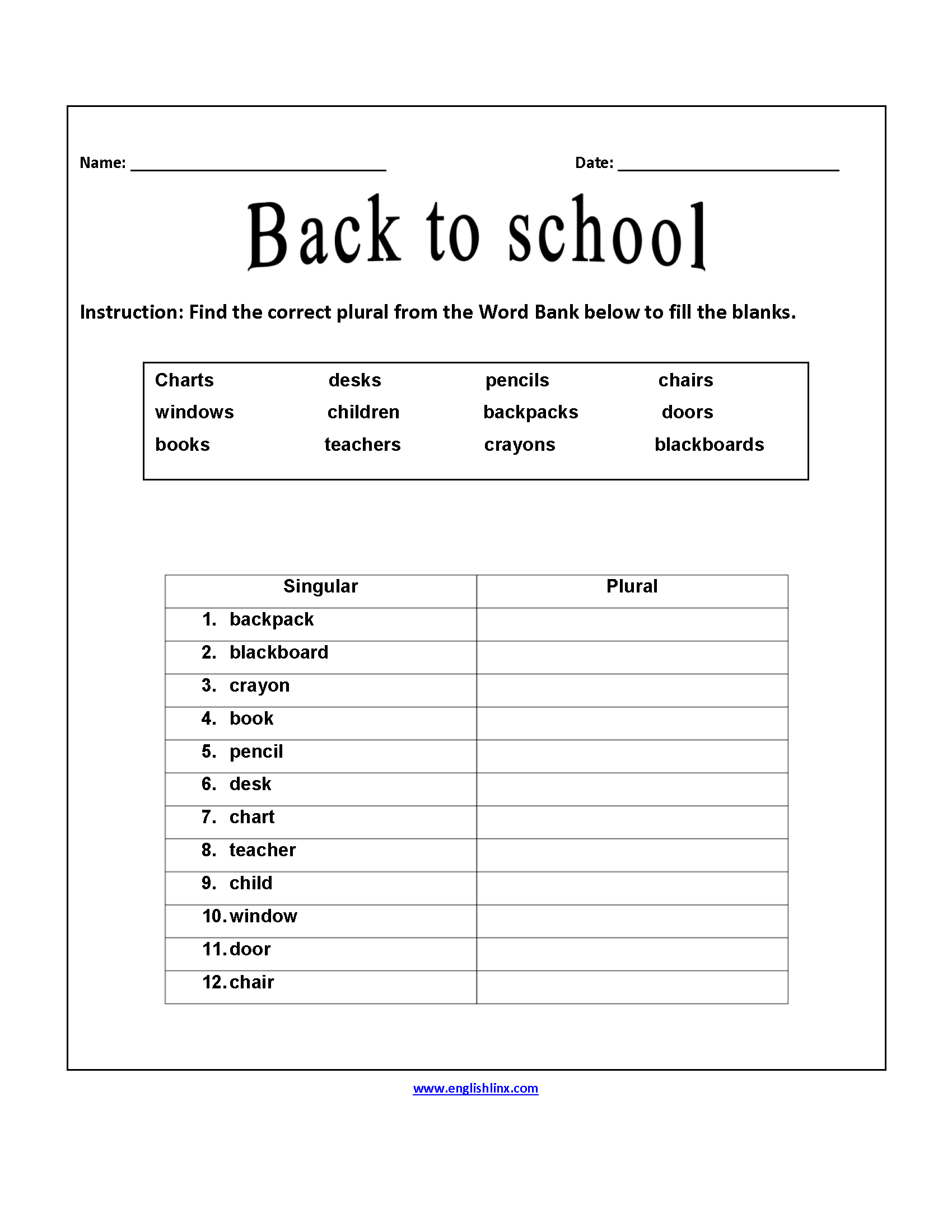Englishlinx Back To School Worksheets