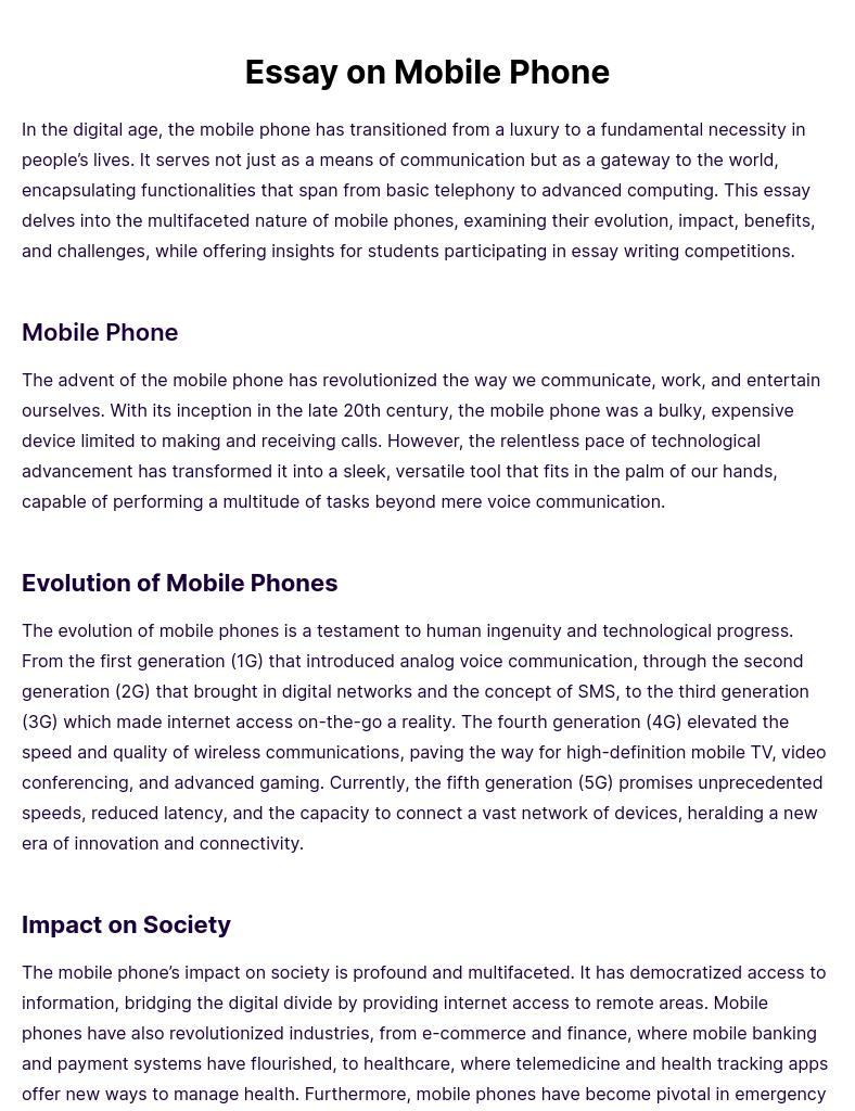 Essay On Mobile Phone Example Edit Download 