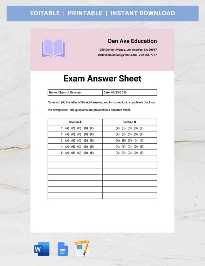 Exam Answer Sheet Template Google Docs Word Apple Pages Template