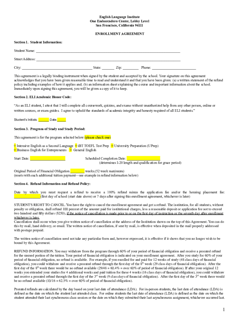 Fillable Online 1EC Blank Enrollment Agreement 11 2 22 must Add P 5 8 