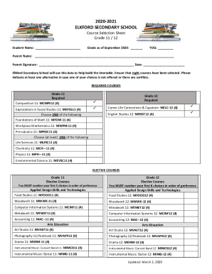 Fillable Online 2020 21 Course Selection Sheet 11th Grade WEB 