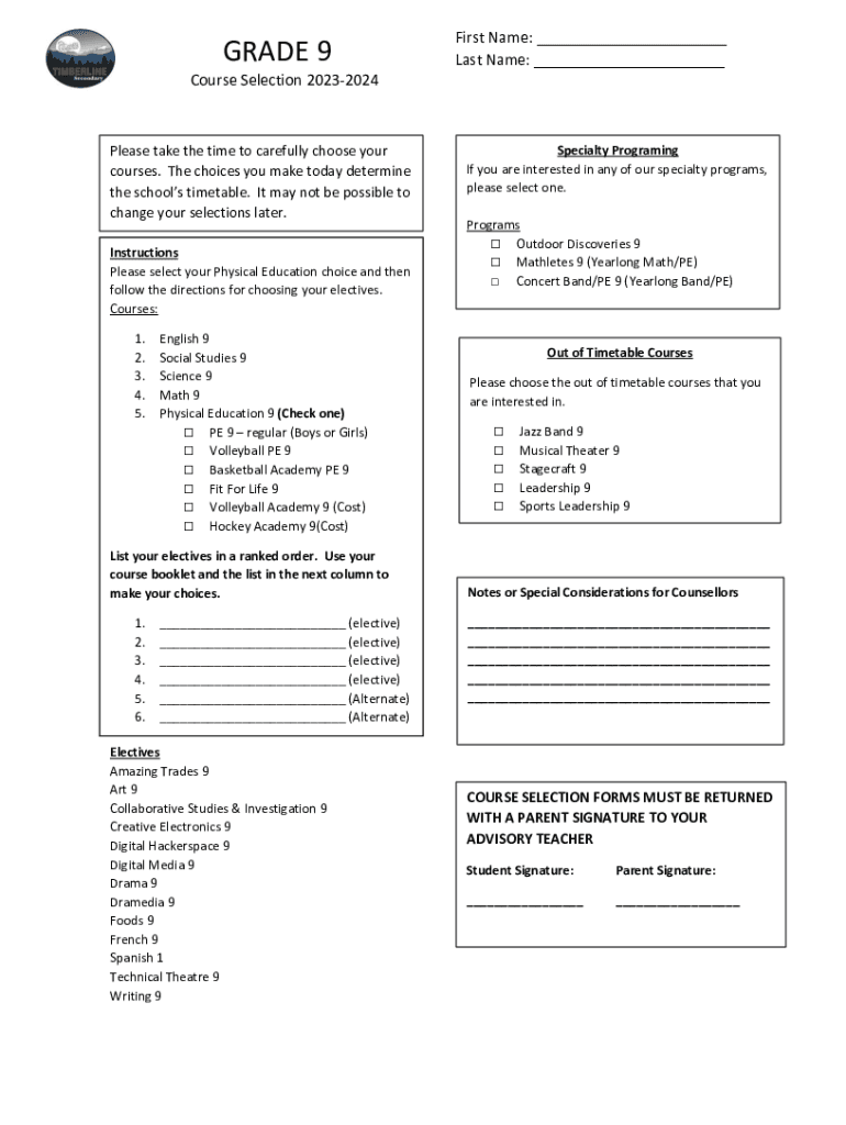 Fillable Online 2023 24 9th Grade Chantilly Course Selection Sheet docx 