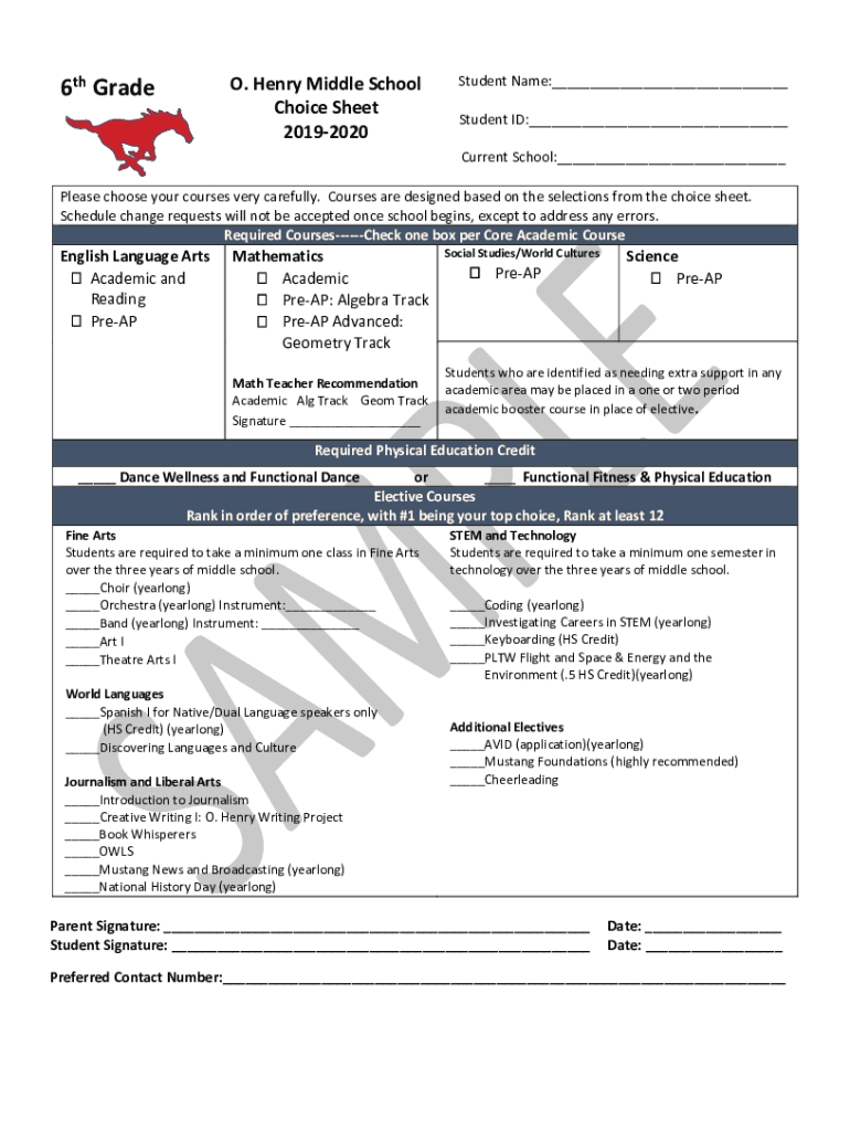 Fillable Online 6th Grade Choice Sheet O Henry Middle School 