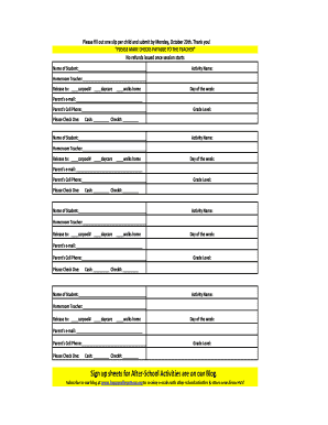 Fillable Online After School Clubs Sign Up Sheet Happy Valley School 