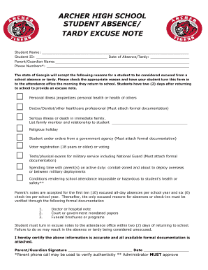 Fillable Online Archer High School Student Absence Tardy Excuse Note