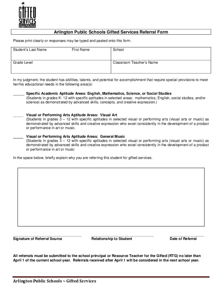 Fillable Online Arlington Public Schools Gifted Services Referral Form 