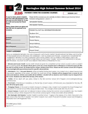 Fillable Online Barrington High School Summer School 2014 PAYMENT FORM 