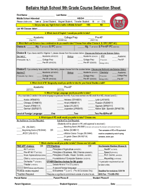 Fillable Online Bellaire High School 9th Grade Course Selection Sheet 