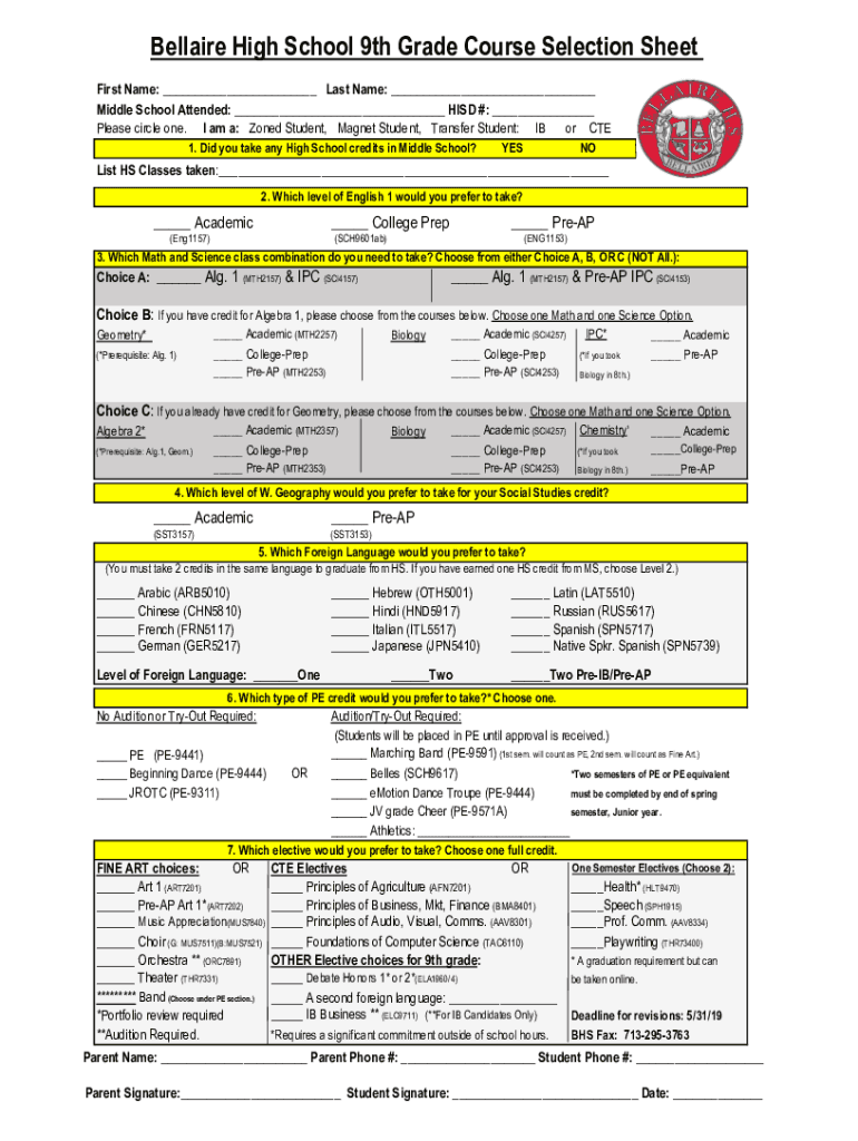 Fillable Online Bellaire High School 9th Grade Course Selection Sheet 