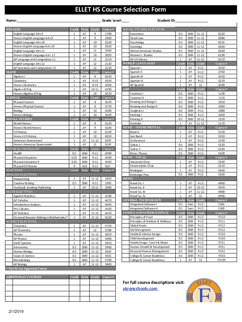 Fillable Online Bellaire High School Course Selection Sheet 2023 2024 