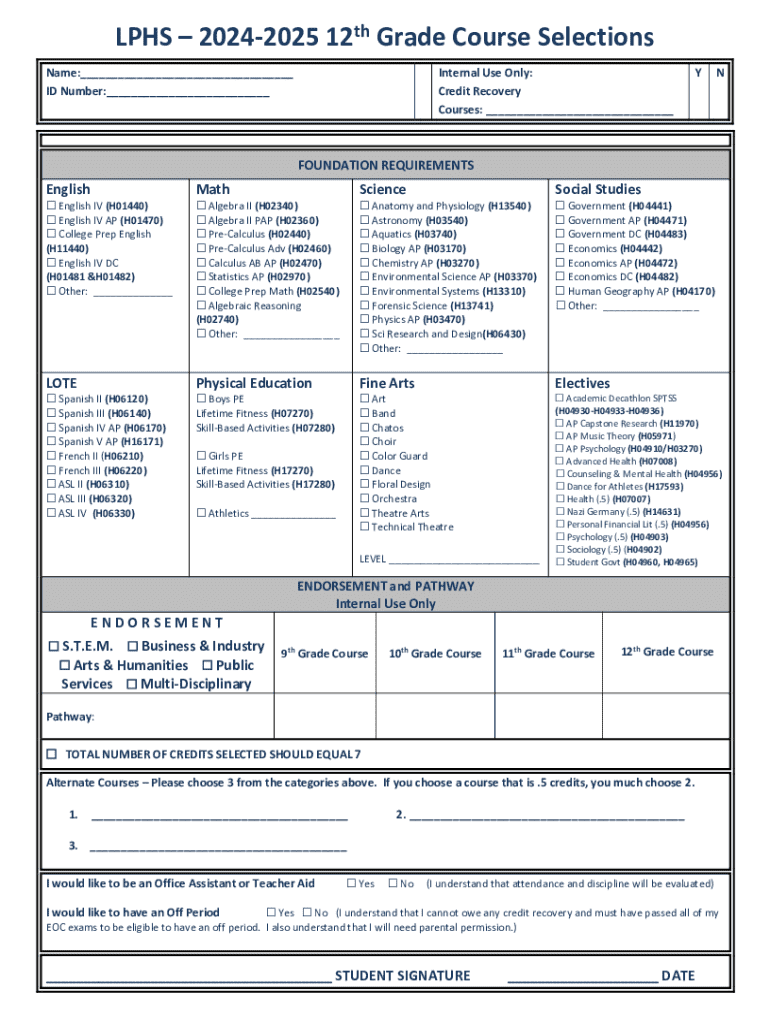 Fillable Online Bellaire High School Course Selection Sheet 2024 2025 