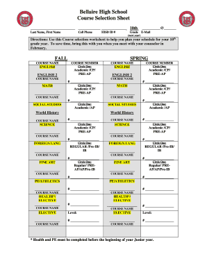 Fillable Online Bellaire High School Course Selection Sheet Houston