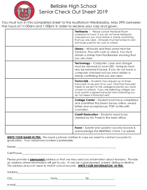 Fillable Online Bellaire High School Senior Check Out Sheet 201 Fax