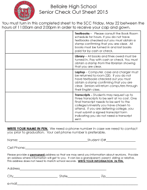 Fillable Online Bellaire High School Senior Check Out Sheet 2015 Fax 