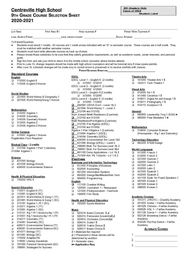 Fillable Online Centreville High School 9TH GRADE COURSE SELECTION