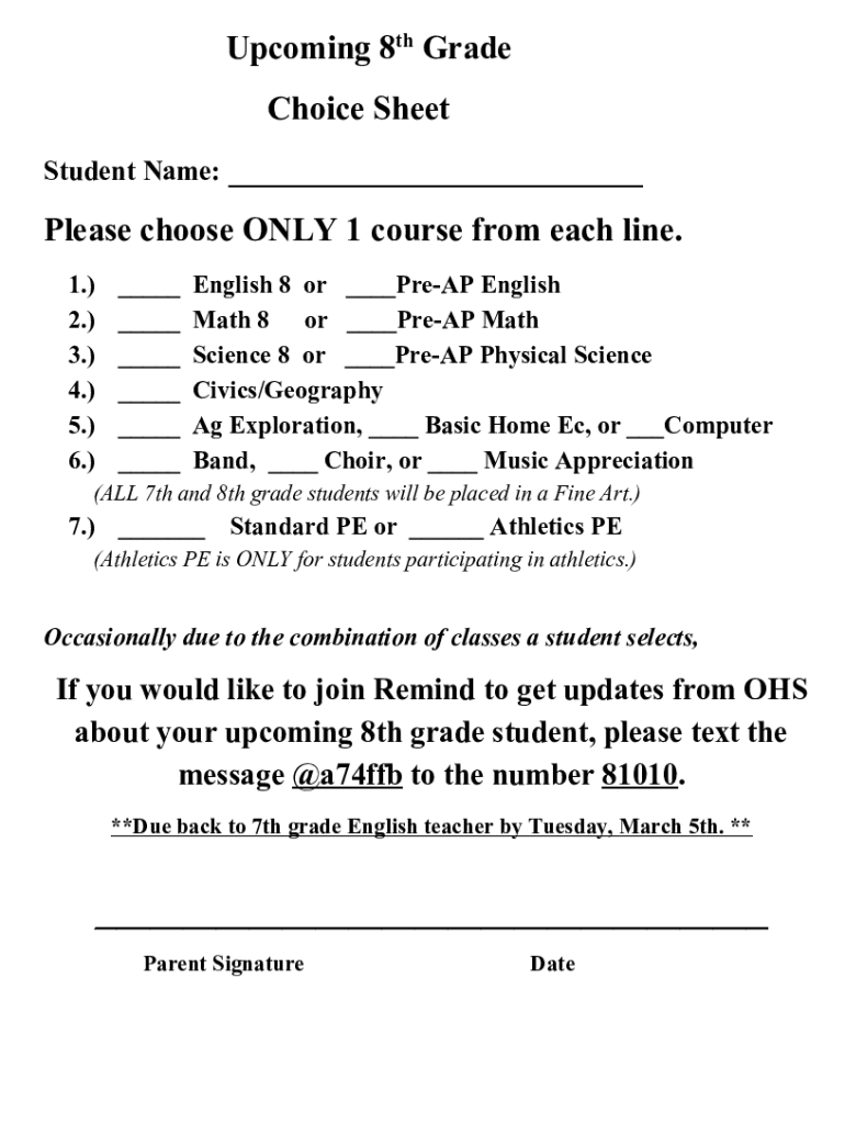 Fillable Online Dripping Springs Middle School Choice Sheets 2024 2025 