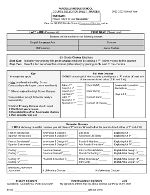 Fillable Online Indicate Your Primary 8th Grade Choice Electives By