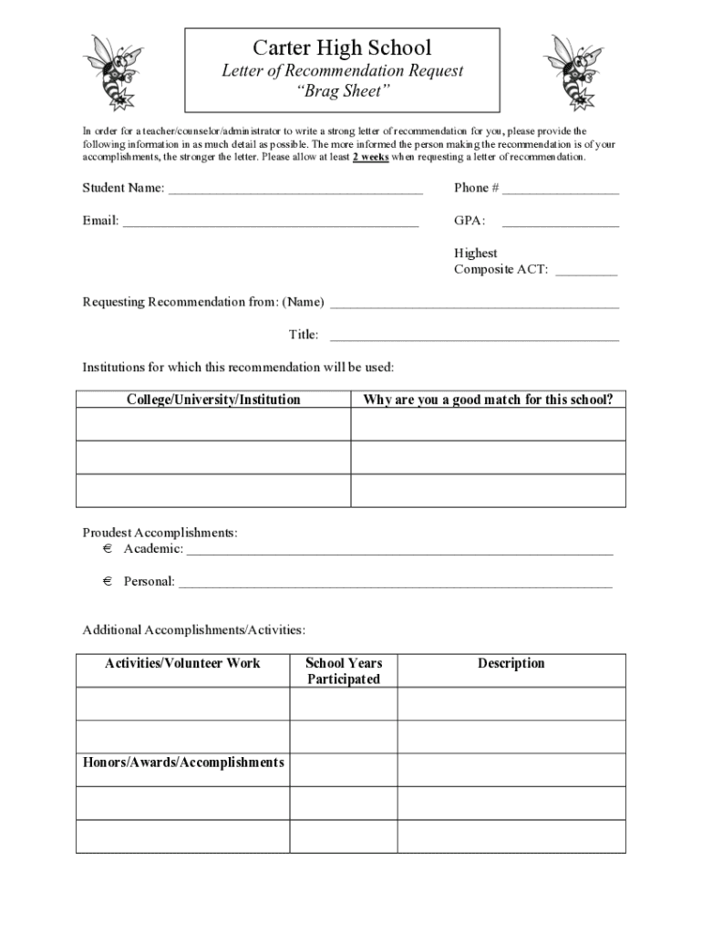 Fillable Online Letter Of Rec Request Brag Sheet Fax Email Print 