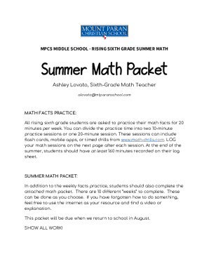Fillable Online MPCS MIDDLE SCHOOL RISING SIXTH GRADE SUMMER MATH 
