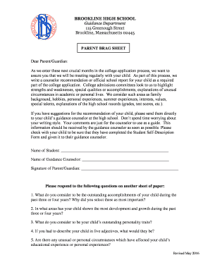Fillable Online Parent Brag Sheet Brookline High School Fax Email