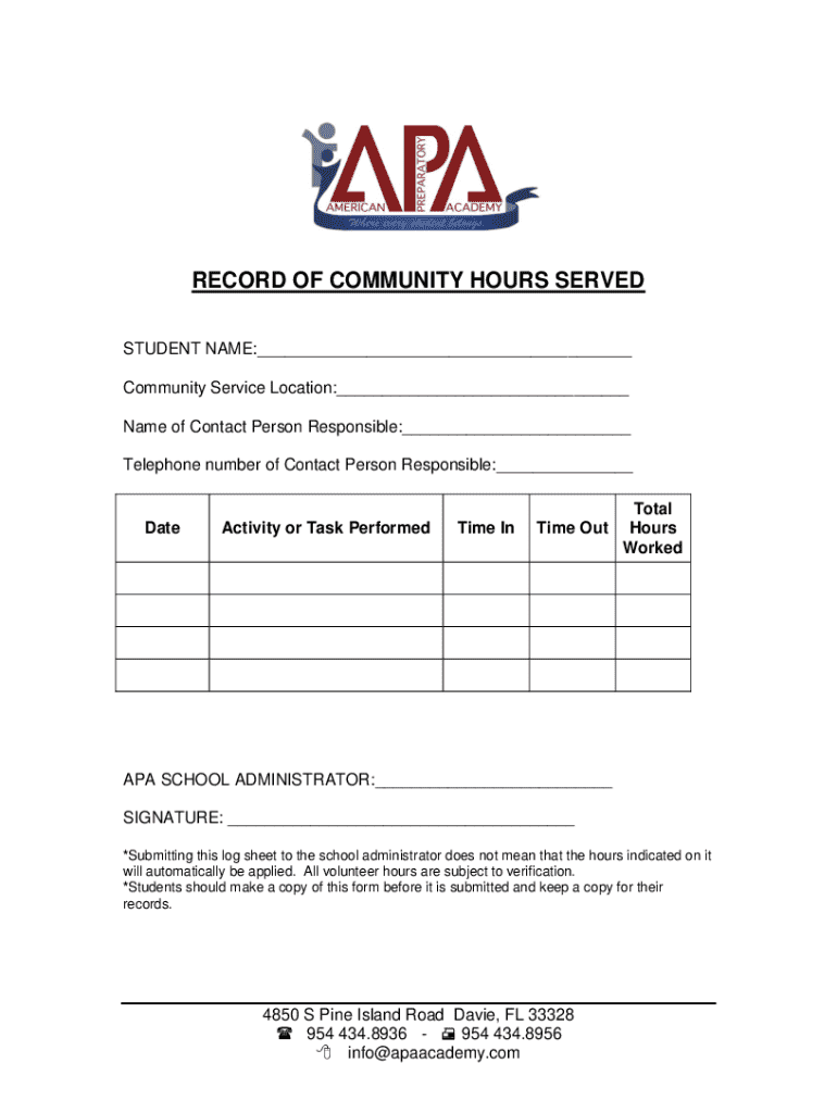 Fillable Online Volunteer Hours Log Sheet Broward Schools Fax Email 