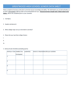 Fillable Online Wcs BRENTWOOD HIGH SCHOOL SENIOR DATA SHEET Fax Email