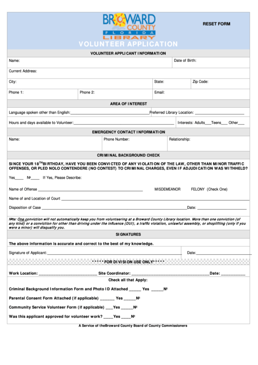 Fillable Volunteer Application Broward County Printable Pdf Download 