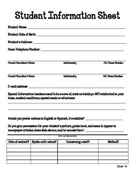 First Day Of School Student Info Sheet By Fancy Fun In Fourth Grade