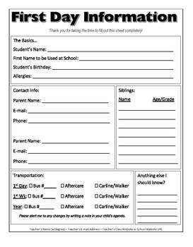First Day Student Information Sheet By John Blake TPT