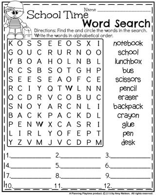 First Grade Worksheets Back To School Word Search And Alphabetical 