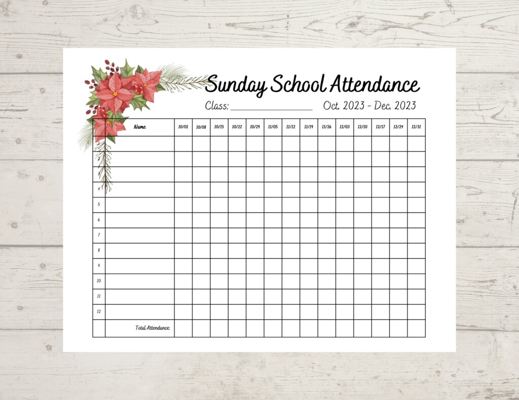 Floral Sunday School Attendance Sheet October 2023 December 2023 Etsy