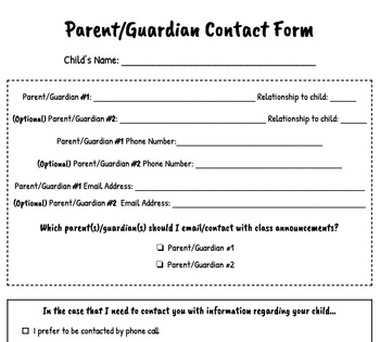 FREE Back To School Parent Contact Information Form TpT