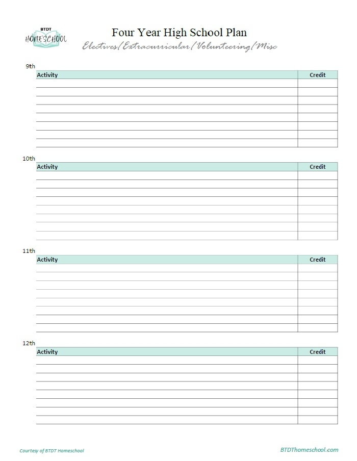 Free Basic Extracurricular High School Planning Sheet BTDT