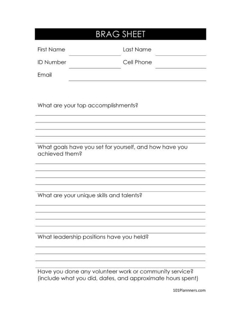 FREE Editable Brag Sheet Template Word Typeable PDF Image