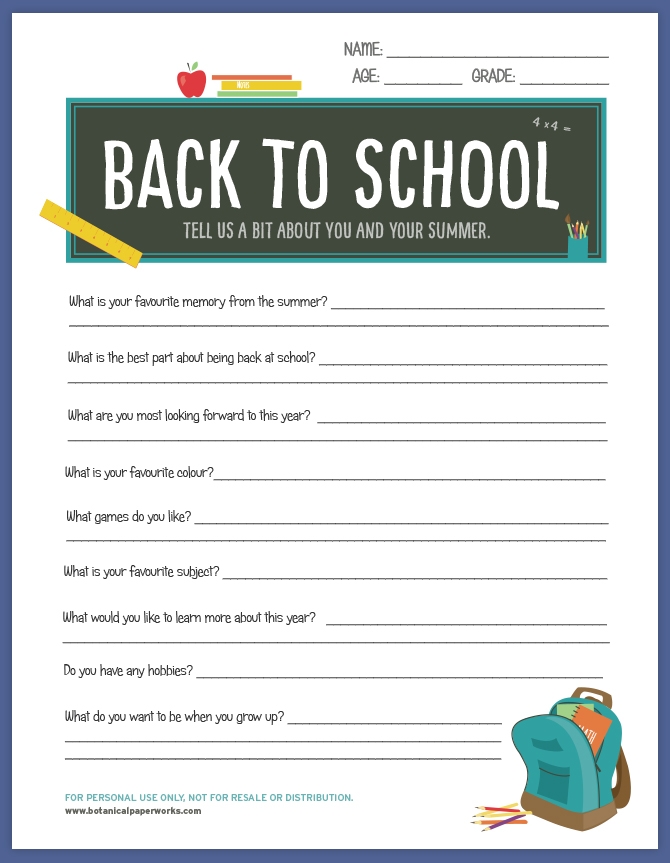 free Printable Back To School Worksheet Botanical PaperWorks