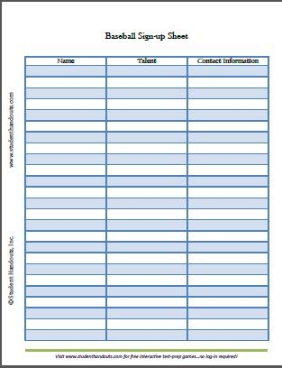 Free Printable Baseball Sign up Sheet Student Handouts