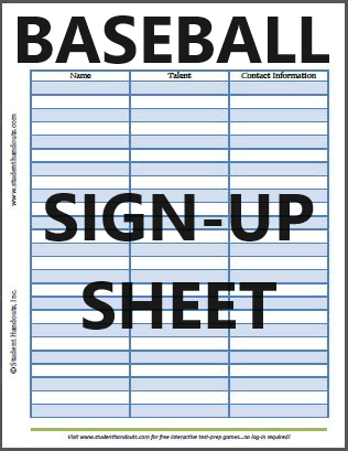 Free Printable Baseball Sign up Sheet Student Handouts