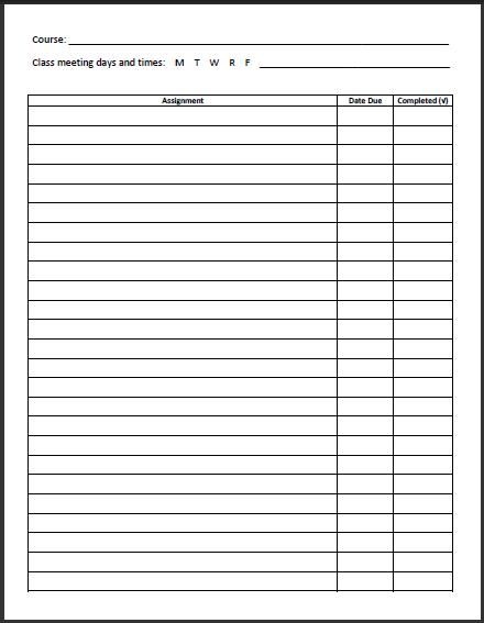 Free Printable High School And College Course Assignment Planner 