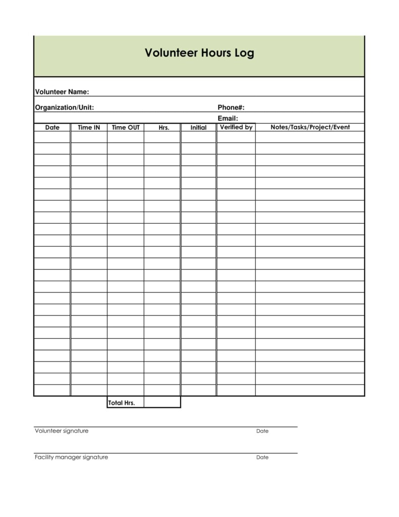 Free Printable Volunteer Hours Log Templates Excel PDF Form Sheet