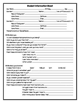 FREE Student Information Sheet For 1st Day Of School quot Get To Know You quot 